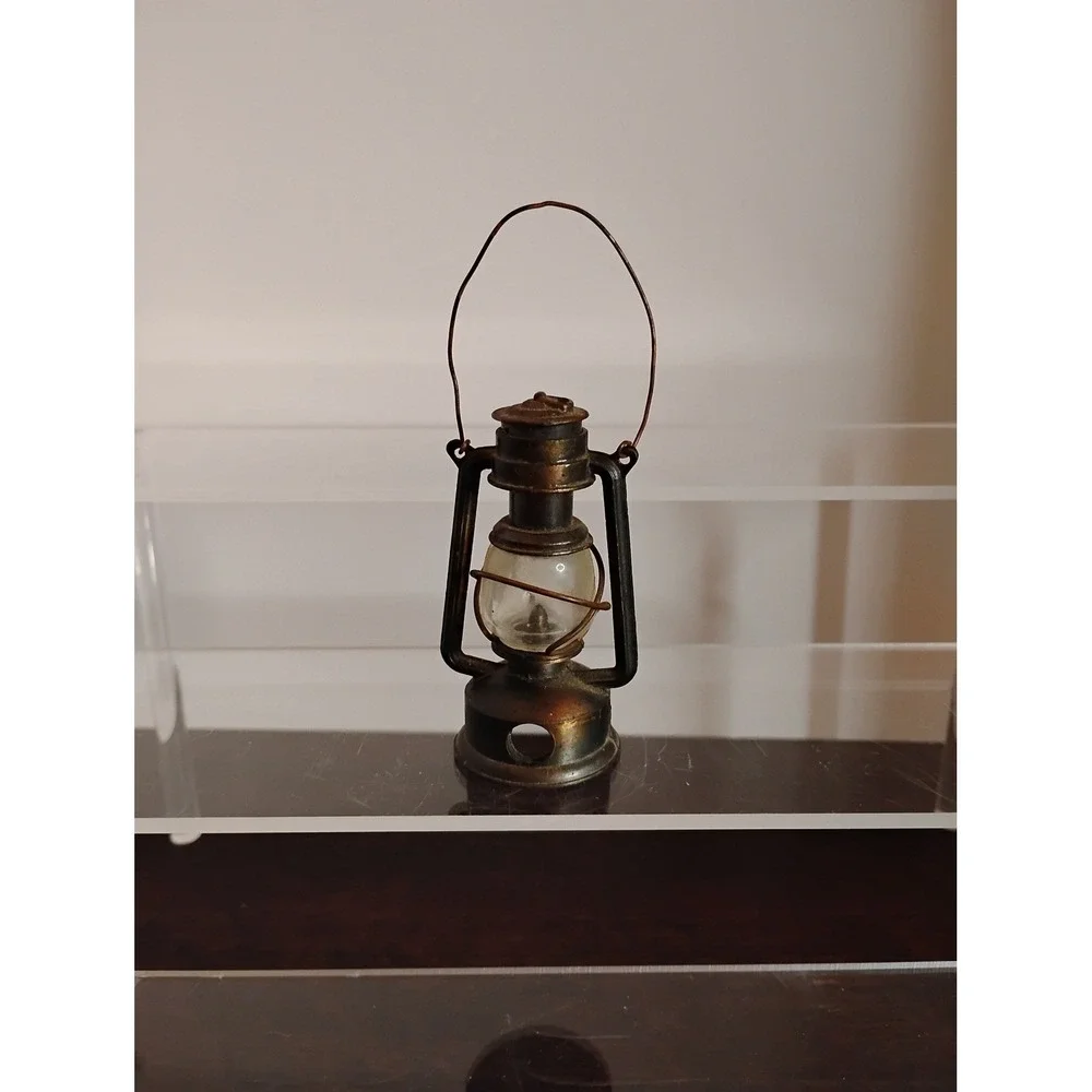 Miniature Hurricane Lantern Decorative Bronze Metal Glass Globe Dollhouse Decor